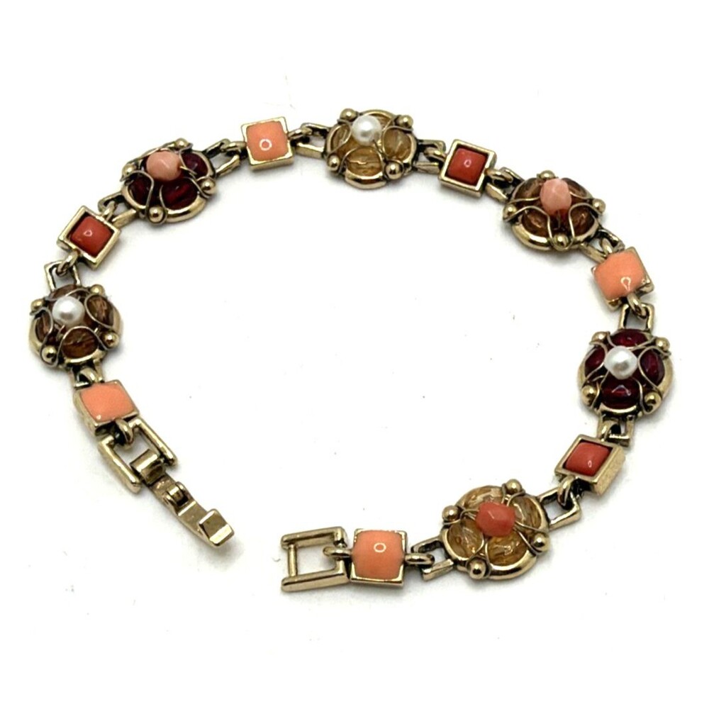 Vintage LIZ CLAIBORNE Bracelet Pink Red Enamel Bead Gold Tone Links 7 1/4"
